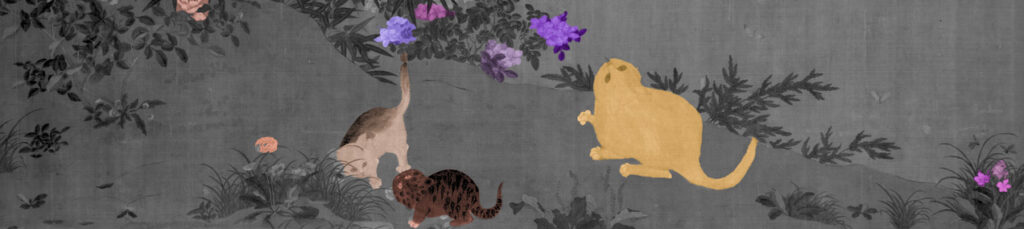 3 cats surrounded by colorful blossoms
