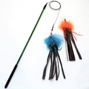 Interactive feather wand with 2 feathers, blue and orange